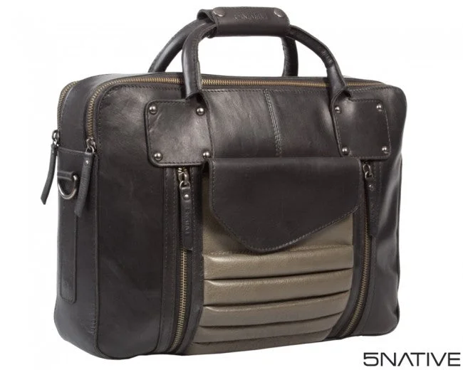 5NATIVE BLACK AND GREY EAST WEST LEATHER PORTFOLIO MESSENGER BAG