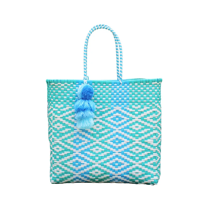 Aqua Blue Flower Citron MEDIUM Tote