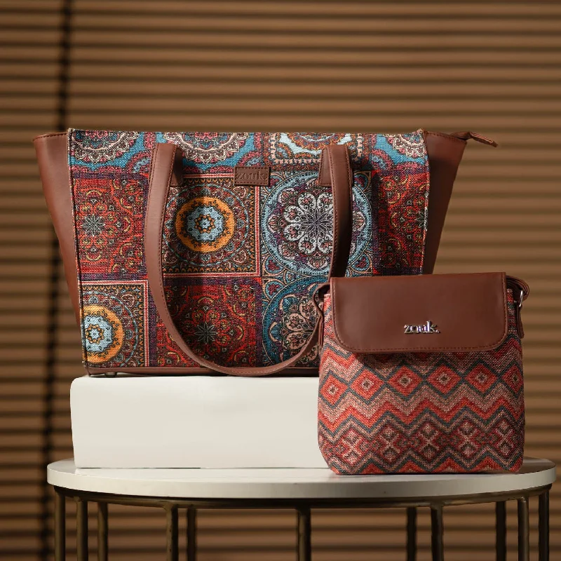 Multicolor Mandala Print & Gwalior Weaves - Office Tote Bag & Flap Sling Bag Combo