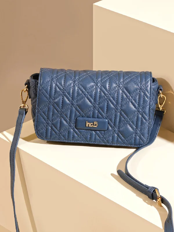 Women Blue Textured Structured Sling Bag With Quilted Detailing