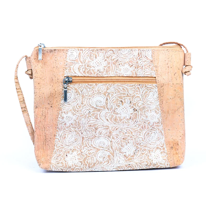 Floral White Print Cork Shoulder Bag with Zippered Pockets BAGP-258