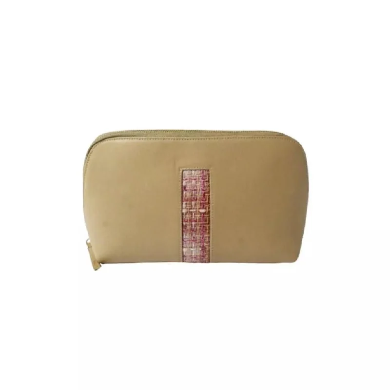 Eco-friendly Leather Pouch - Beige With Pink And White Check Pattern